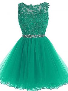 Best Selling Green Zipper Evening Dress Beading and Lace and Appliques and Belt Sleeveless Mini Length
