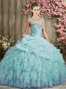 Shining Lace Up Quince Ball Gowns Aqua Blue for Military Ball and Sweet 16 and Quinceanera with Beading and Ruffles Swee