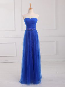 Amazing Royal Blue Empire Tulle and Lace Sweetheart Sleeveless Belt Floor Length Lace Up Wedding Party Dress