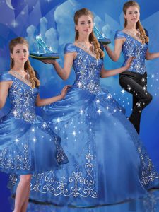 Top Selling Blue Off The Shoulder Lace Up Beading and Embroidery Sweet 16 Quinceanera Dress Cap Sleeves