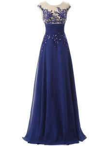Discount Blue Empire Chiffon Scoop Sleeveless Lace and Appliques and Ruching Floor Length Zipper Prom Party Dress