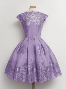 Cap Sleeves Lace Knee Length Lace Up Wedding Party Dress in Lavender with Lace