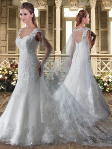 Dazzling Straps Cap Sleeves Wedding Dresses Watteau Train Lace White Tulle