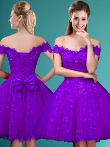 Artistic Knee Length A-line Cap Sleeves Eggplant Purple Bridesmaid Gown Lace Up