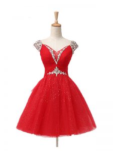 Cap Sleeves Mini Length Beading and Sequins Lace Up with Red