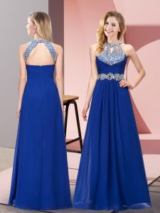 Blue Chiffon Zipper Halter Top Sleeveless Floor Length Homecoming Dress Beading and Ruching