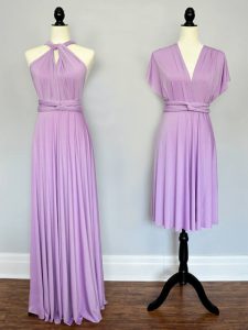 Wonderful Sleeveless Chiffon Floor Length Lace Up Dama Dress in Lilac with Ruching