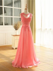 Watermelon Red Chiffon Zipper Scoop Sleeveless Floor Length Evening Dress Beading and Lace and Appliques