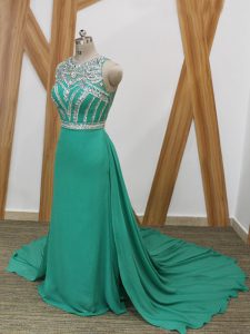 Delicate Turquoise Prom Party Dress Chiffon Watteau Train Sleeveless Beading