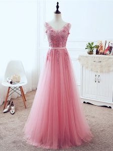 Flirting Floor Length Pink Prom Party Dress V-neck Sleeveless Lace Up