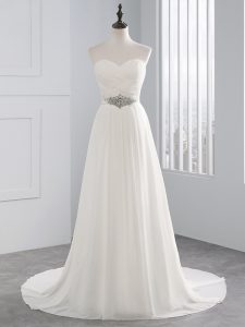 Designer White Sweetheart Lace Up Beading and Ruching Wedding Gown Brush Train Sleeveless