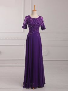 Beauteous Purple Half Sleeves Lace and Appliques Floor Length Mother of Groom Dress
