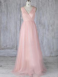 Baby Pink Quinceanera Court Dresses Prom and Party and Wedding Party with Lace V-neck Sleeveless Zipper
