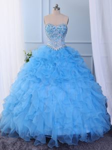 Low Price Baby Blue Sleeveless Organza Lace Up Ball Gown Prom Dress for Prom and Party and Military Ball and Sweet 16 an