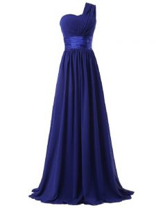 Royal Blue Chiffon Lace Up One Shoulder Sleeveless Floor Length Dama Dress Ruching