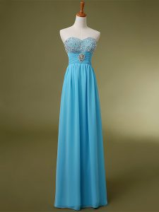 Hot Selling Floor Length Baby Blue Prom Gown Chiffon Sleeveless Beading and Ruching