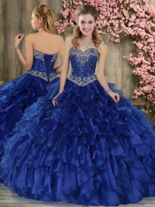 Free and Easy Sleeveless Floor Length Beading and Ruffles Lace Up Quinceanera Dresses with Blue