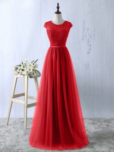 Fantastic Red A-line Tulle Scoop Short Sleeves Lace Floor Length Zipper Dress for Prom