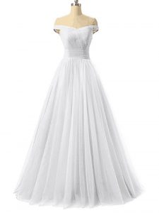 Amazing Off The Shoulder Sleeveless Dress for Prom Floor Length Ruching White Tulle