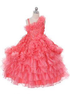 Watermelon Red Ball Gowns Asymmetric Sleeveless Organza Floor Length Lace Up Lace and Ruffles and Ruffled Layers Girls P