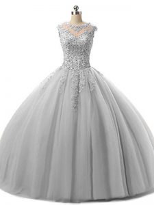 Grey Tulle Lace Up Sweet 16 Dresses Sleeveless Floor Length Beading and Lace