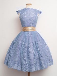 Customized Blue Vestidos de Damas Prom and Party and Wedding Party with Belt High-neck Cap Sleeves Lace Up