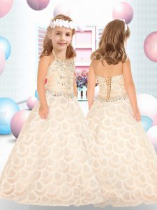 Champagne Sleeveless Floor Length Beading Lace Up Little Girl Pageant Dress