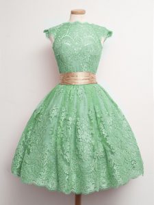 Green Quinceanera Dama Dress Prom and Party and Wedding Party with Belt High-neck Cap Sleeves Lace Up