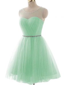 Charming Sleeveless Mini Length Beading and Ruching Lace Up Prom Gown with Apple Green