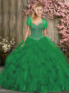 Fabulous Olive Green Sweetheart Neckline Beading and Ruffles Quinceanera Gown Sleeveless Lace Up