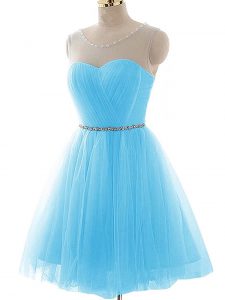 Superior Sleeveless Mini Length Beading and Ruching Lace Up Prom Evening Gown with Aqua Blue