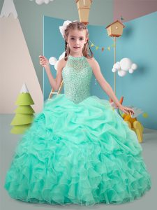 Hot Pink and Apple Green Ball Gowns High-neck Sleeveless Organza Floor Length Lace Up Ruffles Little Girl Pageant Gowns