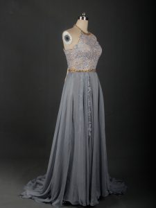 On Sale Grey Lace Up Prom Party Dress Beading and Appliques Sleeveless Brush Train