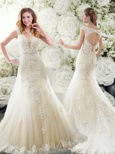 Cheap White Tulle Lace Up Straps Sleeveless Wedding Dresses Brush Train Lace
