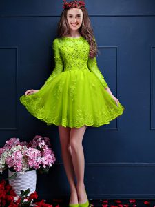 Simple Mini Length A-line 3 4 Length Sleeve Yellow Green Bridesmaid Gown Lace Up