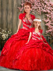 Traditional Red Sleeveless Floor Length Beading and Ruffles Lace Up Quinceanera Gown