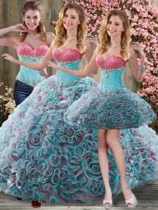 Delicate Fabric With Rolling Flowers Sleeveless Quinceanera Gowns Brush Train and Beading