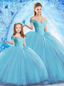 Free and Easy Baby Blue Organza Lace Up 15th Birthday Dress Sleeveless Sweep Train Beading