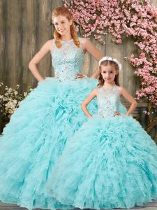 Sleeveless Floor Length Beading and Ruffles Lace Up 15th Birthday Dress with Aqua Blue