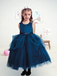 Stunning Navy Blue Sleeveless Ankle Length Ruffles and Belt Lace Up Flower Girl Dresses for Less