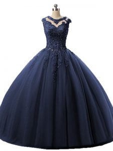 Chic Scoop Sleeveless Lace Up Quinceanera Dresses Navy Blue Tulle