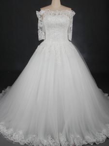 Popular White Lace Up Off The Shoulder Lace Wedding Gown Tulle Half Sleeves