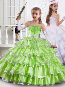 Sweet Sleeveless Lace Up Floor Length Beading and Ruffled Layers Little Girls Pageant Gowns