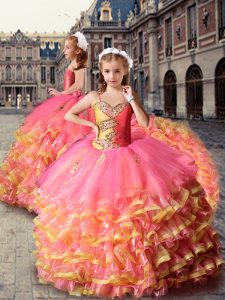 Classical Ball Gowns Sleeveless Hot Pink Little Girls Pageant Dress Court Train Lace Up
