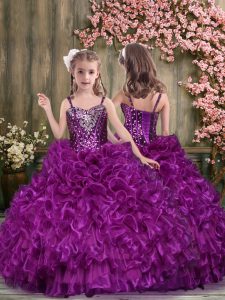 Purple Organza Lace Up Straps Sleeveless Floor Length Little Girl Pageant Dress Beading and Ruffles