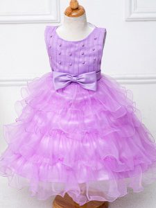 Fabulous Organza Scoop Sleeveless Zipper Ruffled Layers and Bowknot Flower Girl Dresses in Lilac