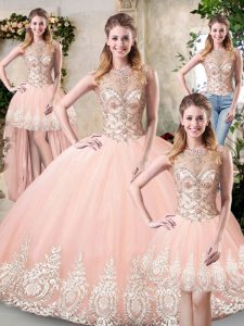 Beautiful Sleeveless Tulle Floor Length Backless 15 Quinceanera Dress in Peach with Beading and Lace and Appliques