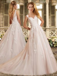 Customized Straps Sleeveless Tulle Wedding Dresses Lace Brush Train Clasp Handle