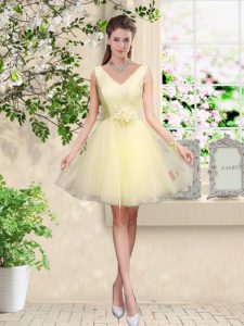 Light Yellow Sleeveless Knee Length Lace and Belt Lace Up Bridesmaids Dress