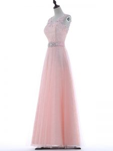 Baby Pink Zipper V-neck Lace and Appliques Evening Dress Tulle Sleeveless